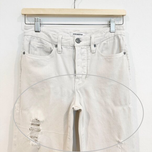 Good American Denim Good Boy Distressed Button Fly Split Hem Jeans White Size 25 - Picture 8 of 11